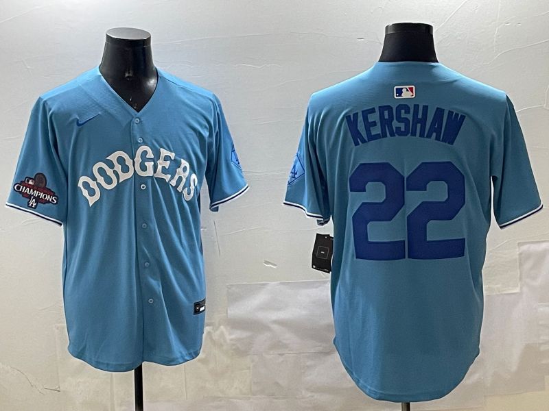 Men Los Angeles Dodgers #22 Kershaw Light Blue Joint Name 2025 Nike MLB Jersey style 14